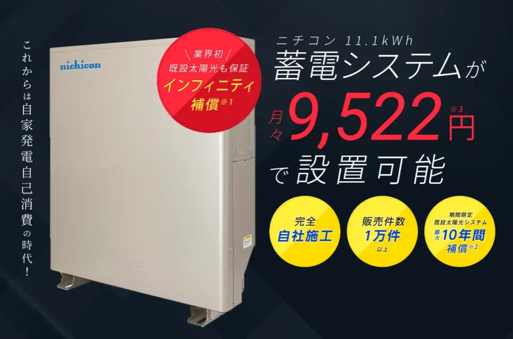 リノベステーション_ニチコン11.1kwhシステムが月々9,522円で設置可能_これからは自家発電自己消費の時代!